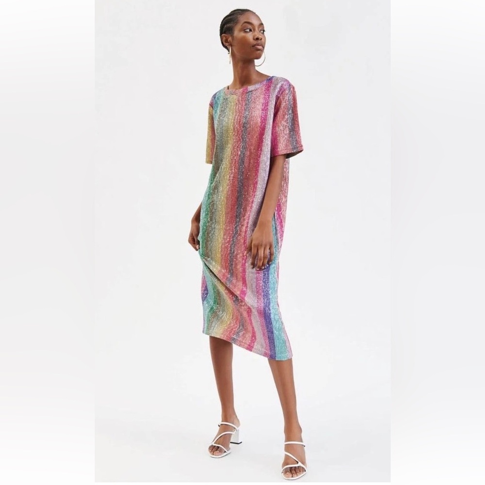 Zara NWOT Rainbow Striped Sequin Short Sleeve Midi Dress M Blogger Favorite